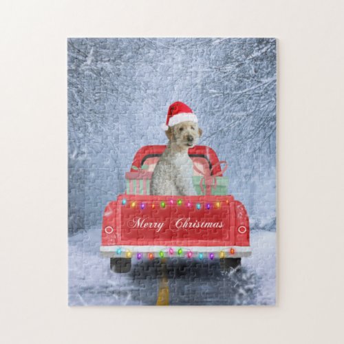 Goldendoodle Dog in Snow sitting in Christmas  Jigsaw Puzzle