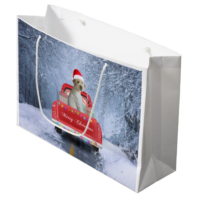 Goldendoodle Dog in Snow sitting in Christmas Large Gift Bag (Front Angled)