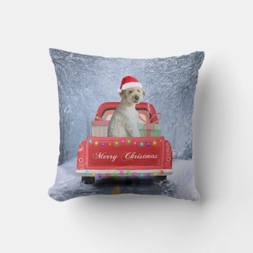 Goldendoodle Dog in Snow sitting in Christmas  Throw Pillow