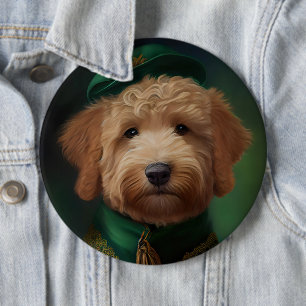 Goldendoodle  Dog in St. Patrick's Day Dress Button