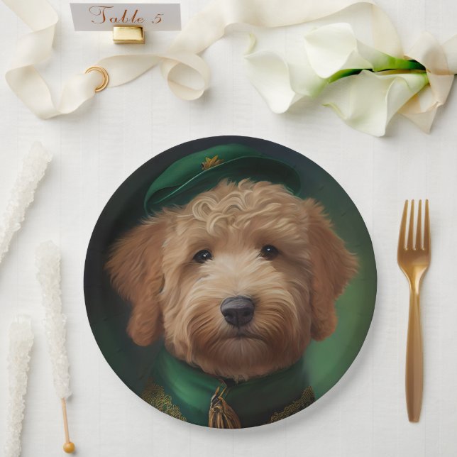 Goldendoodle  Dog in St. Patrick's Day Dress Paper Plates (Wedding)