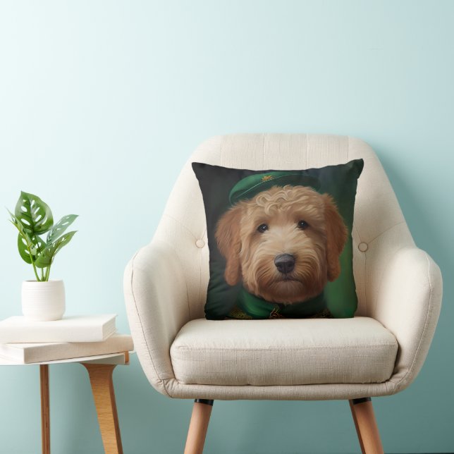 Goldendoodle  Dog in St. Patrick's Day Dress Throw Pillow (Chair)