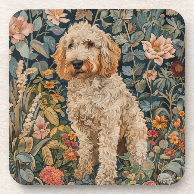 Goldendoodle Dog in William Morris Style Garden Beverage Coaster (Front)