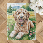 Goldendoodle Dog Jigsaw Puzzle<br><div class="desc">Unleash your inner puzzle enthusiast with our Personalized Goldendoodle Jigsaw Puzzle! This puzzle features an adorable goldendoodle dog laying in a field of flowers. The field is surrounded by trees and mountains. This jigsaw puzzle is in a watercolor style. Whether you're unwinding after a long day or looking for a...</div>