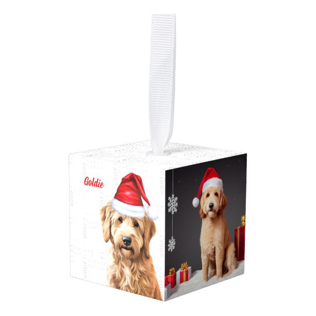Goldendoodle Dog Name Two Photo Christmas Cube Ornament (Front Angled)