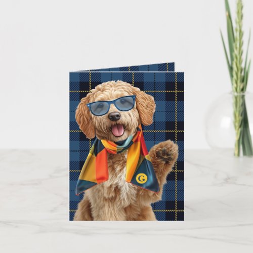 Goldendoodle Dog on Navy Blue Plaid Monogrammed Card
