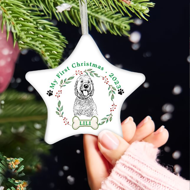 Goldendoodle Dog Personalized Hand Drawing Ceramic Ornament (Creator Uploaded)