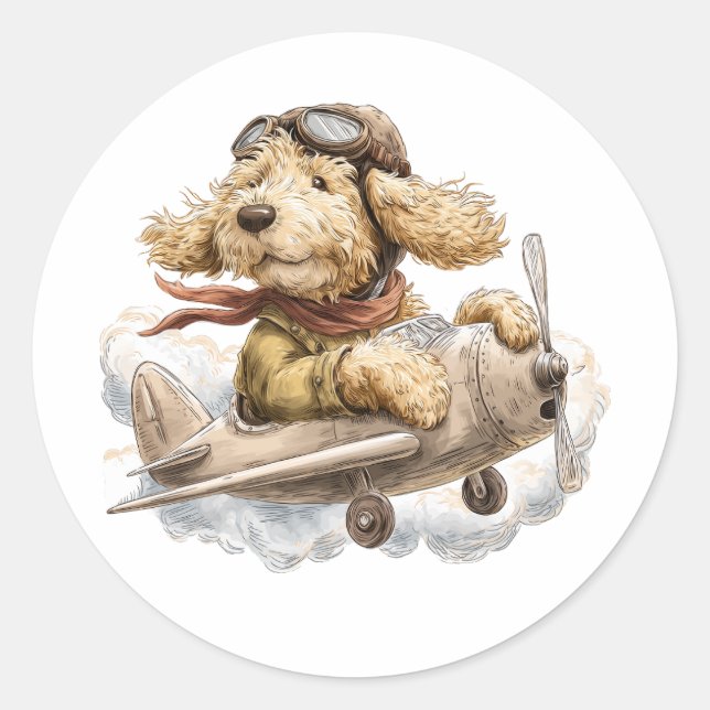 Goldendoodle Dog Pilot Airplane Classic Round Sticker (Front)