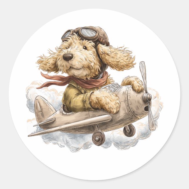 Goldendoodle Dog Pilot Airplane Classic Round Sticker (Front)