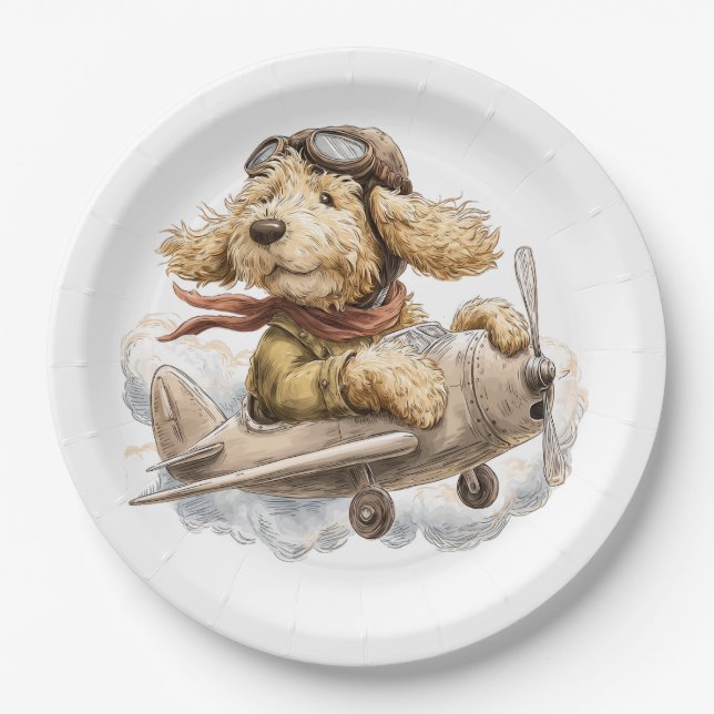 Goldendoodle Dog Pilot Airplane Paper Plates (Front)