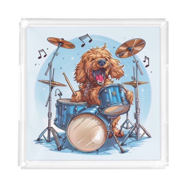 Goldendoodle Dog Playing Drums Acrylic Tray (Front)