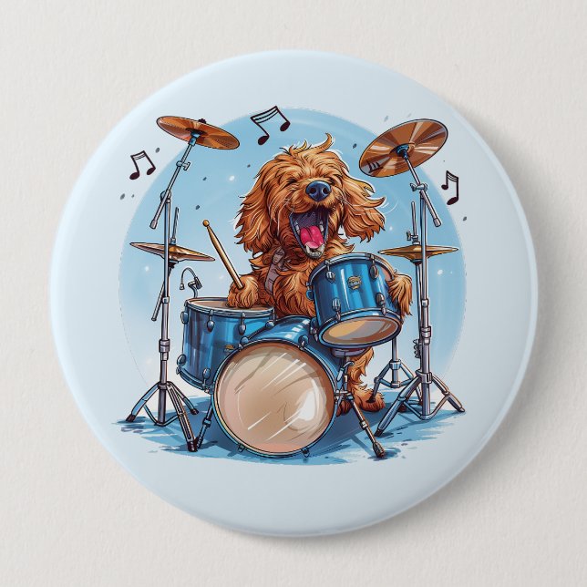 Goldendoodle Dog Playing Drums Button (Front)