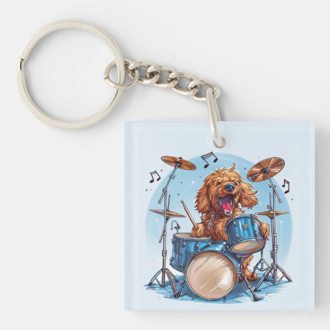 Goldendoodle Dog Playing Drums Keychain (Front)