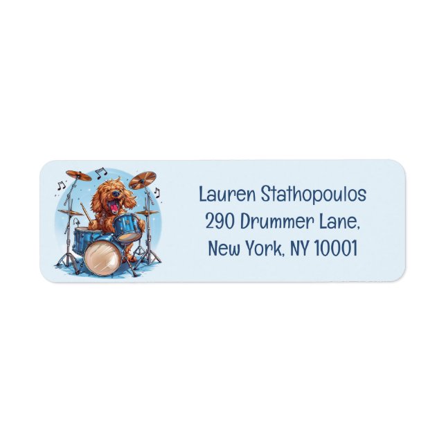 Goldendoodle Dog Playing Drums Label (Front)