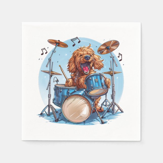 Goldendoodle Dog Playing Drums Napkins (Front)