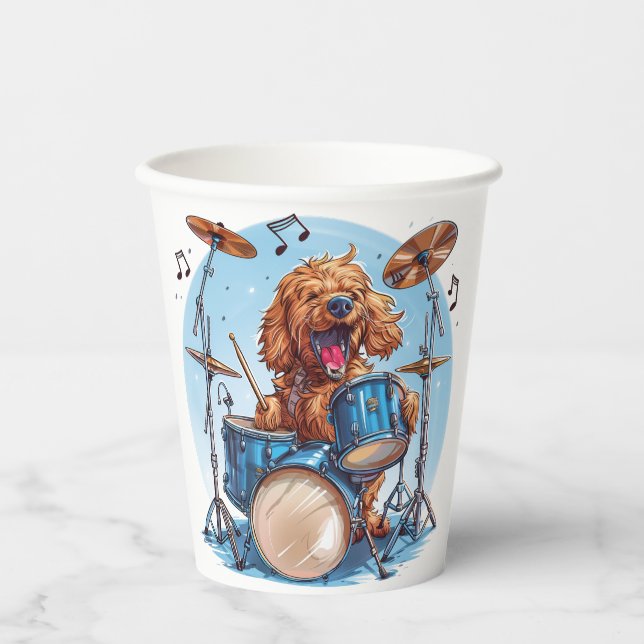 Goldendoodle Dog Playing Drums Paper Cups (Front)