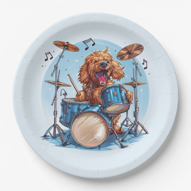 Goldendoodle Dog Playing Drums Paper Plates (Front)