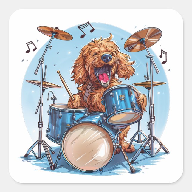 Goldendoodle Dog Playing Drums Square Sticker (Front)