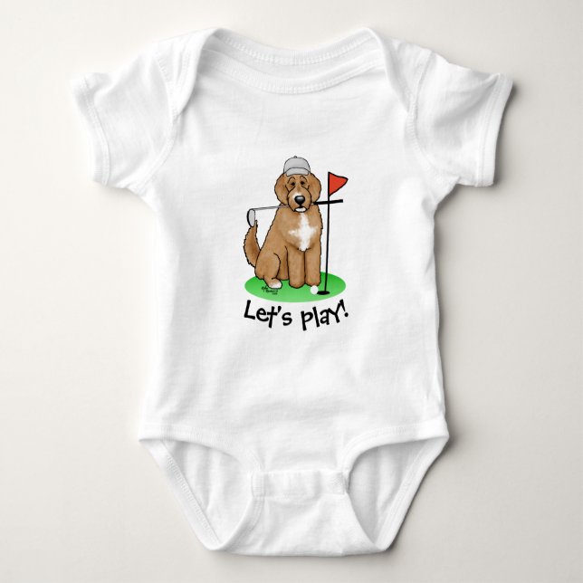 Goldendoodle Dog Playing Golf (red whmk2) Cute Fun Baby Bodysuit (Front)