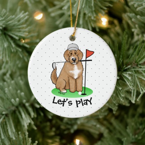 Goldendoodle Dog Playing Golf (red whmk2) Cute Fun Ceramic Ornament