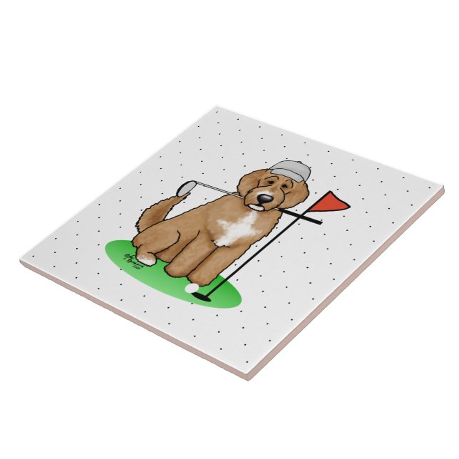 Goldendoodle Dog Playing Golf (red whmk2) Cute Fun Ceramic Tile (Side)