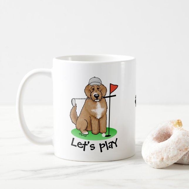 Goldendoodle Dog Playing Golf (red whmk2) Cute Fun Coffee Mug (With Donut)