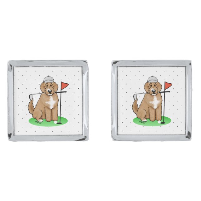 Goldendoodle Dog Playing Golf (red whmk2) Cute Fun Cufflinks (Front)