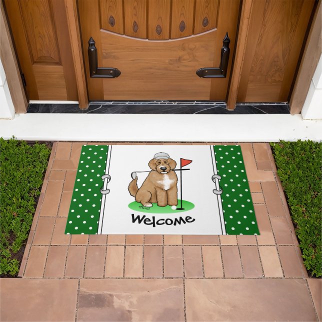 Goldendoodle Dog Playing Golf (red whmk2) Cute Fun Doormat (Outdoor)
