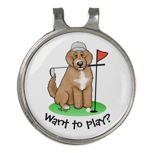 Goldendoodle Dog Playing Golf (red whmk2) Cute Fun Golf Hat Clip (Front)