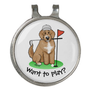 Goldendoodle Dog Playing Golf (red whmk2) Cute Fun Hat Clip