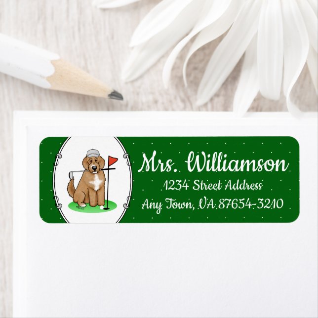 Goldendoodle Dog Playing Golf (red whmk2) Cute Fun Label (Insitu)