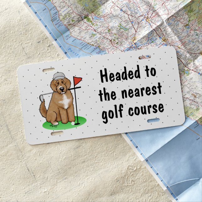 Goldendoodle Dog Playing Golf (red whmk2) Cute Fun License Plate (In Situ)