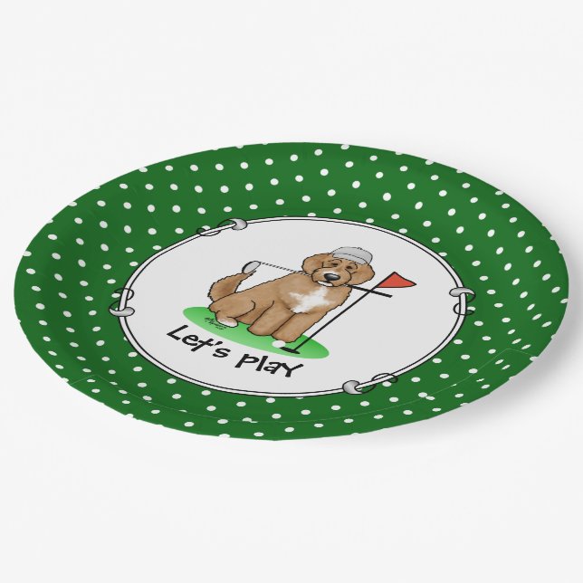 Goldendoodle Dog Playing Golf (red whmk2) Cute Fun Paper Plates (Angled)