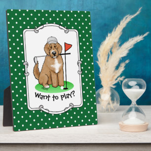 Goldendoodle Dog Playing Golf (red whmk2) Cute Fun Plaque