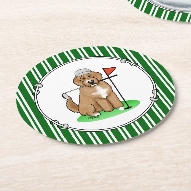 Goldendoodle Dog Playing Golf (red whmk2) Cute Fun Round Paper Coaster (Angled)