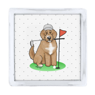 Goldendoodle Dog Playing Golf (red whmk2) Cute Fun Silver Finish Lapel Pin