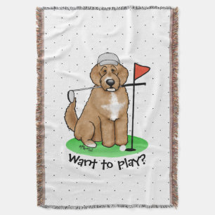 Goldendoodle Dog Playing Golf (red whmk2) Cute Fun Throw Blanket