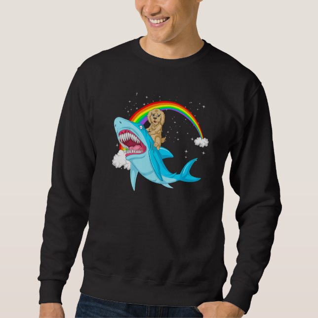 Goldendoodle Dog Riding Cute Shark Girls Rainbow P Sweatshirt (Front)