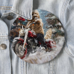 Goldendoodle Dog Riding Motorcycle Christmas Button