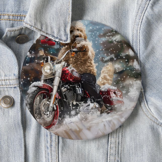Goldendoodle Dog Riding Motorcycle Christmas  Button (In Situ)