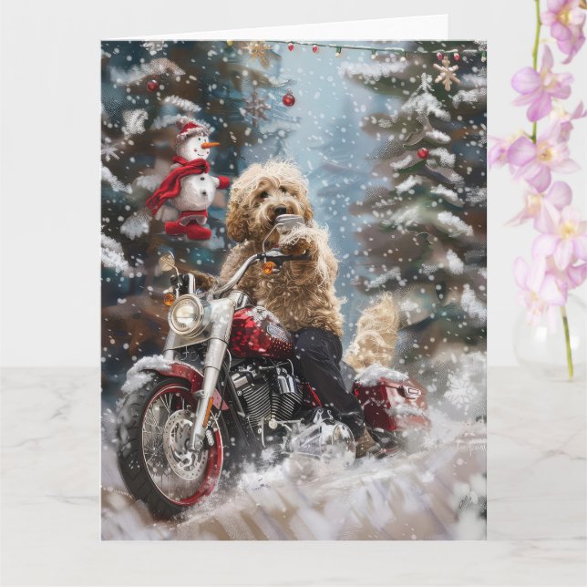 Goldendoodle Dog Riding Motorcycle Christmas  Card (Orchid)