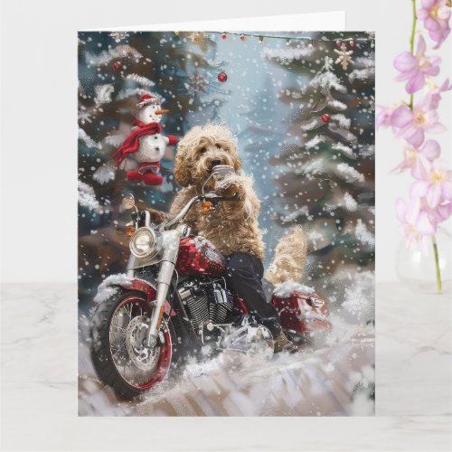 Goldendoodle Dog Riding Motorcycle Christmas  Card