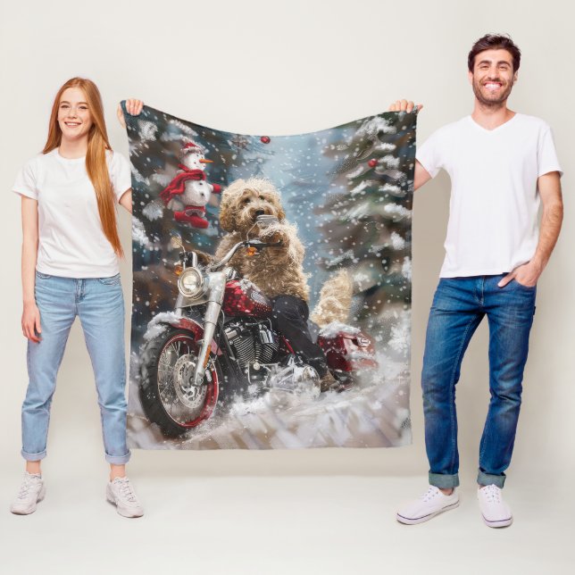 Goldendoodle Dog Riding Motorcycle Christmas  Fleece Blanket (In Situ)