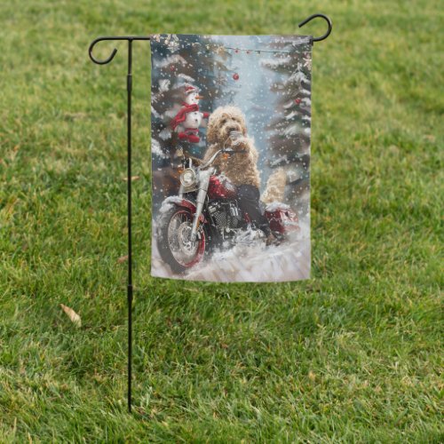 Goldendoodle Dog Riding Motorcycle Christmas  Garden Flag