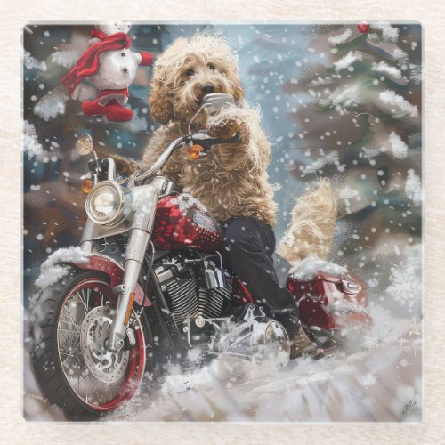 Goldendoodle Dog Riding Motorcycle Christmas  Glass Coaster