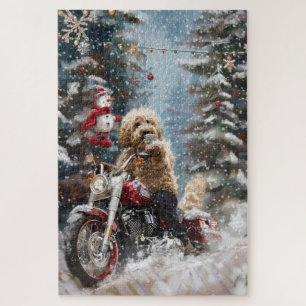 Goldendoodle Dog Riding Motorcycle Christmas Jigsaw Puzzle