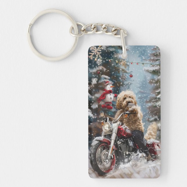 Goldendoodle Dog Riding Motorcycle Christmas  Keychain (Front)