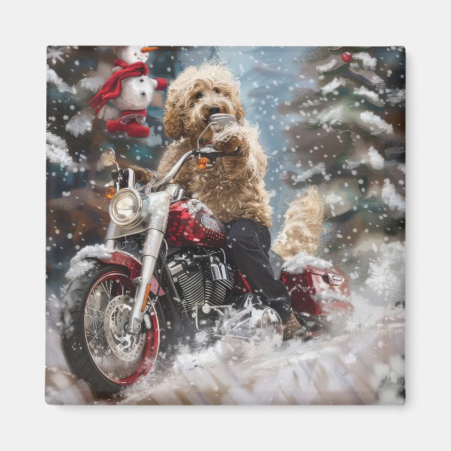Goldendoodle Dog Riding Motorcycle Christmas  Magnet (Front)