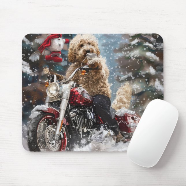 Goldendoodle Dog Riding Motorcycle Christmas  Mouse Pad (With Mouse)