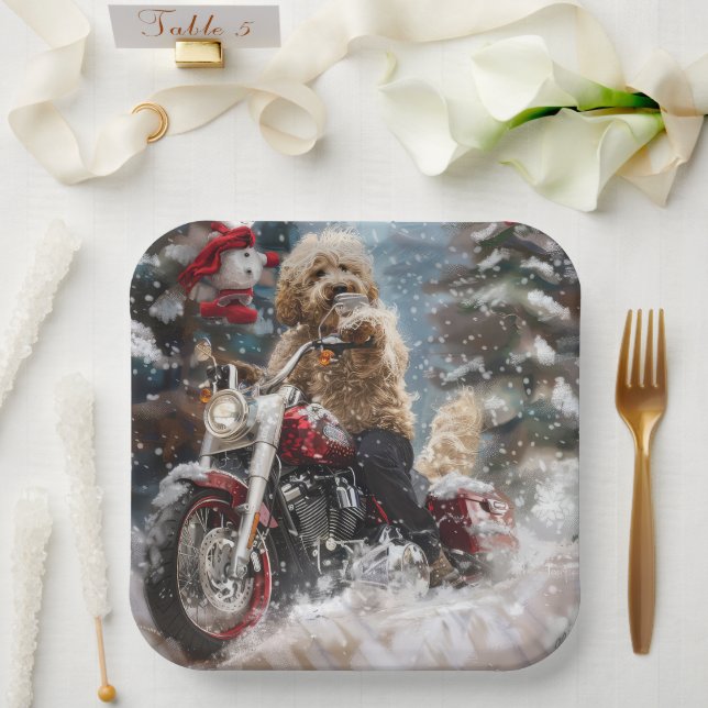 Goldendoodle Dog Riding Motorcycle Christmas  Paper Plates (Wedding)